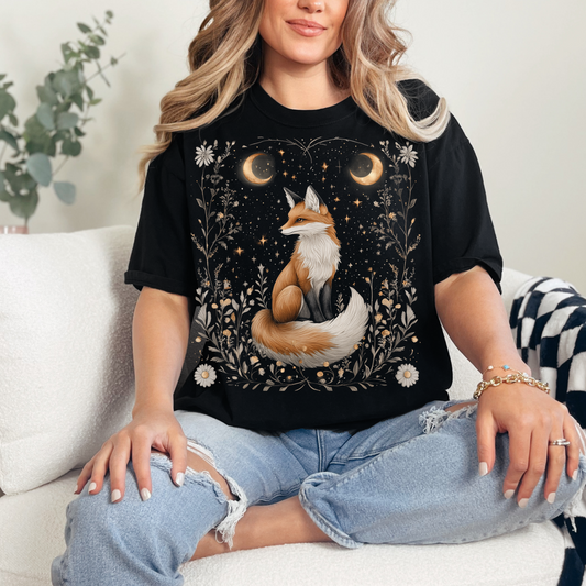 Whimsical Fox T-Shirt - Garment-Dyed Unisex Tee for Nature Lovers, Celestial Shirt, Fox Cottage Core Shirt