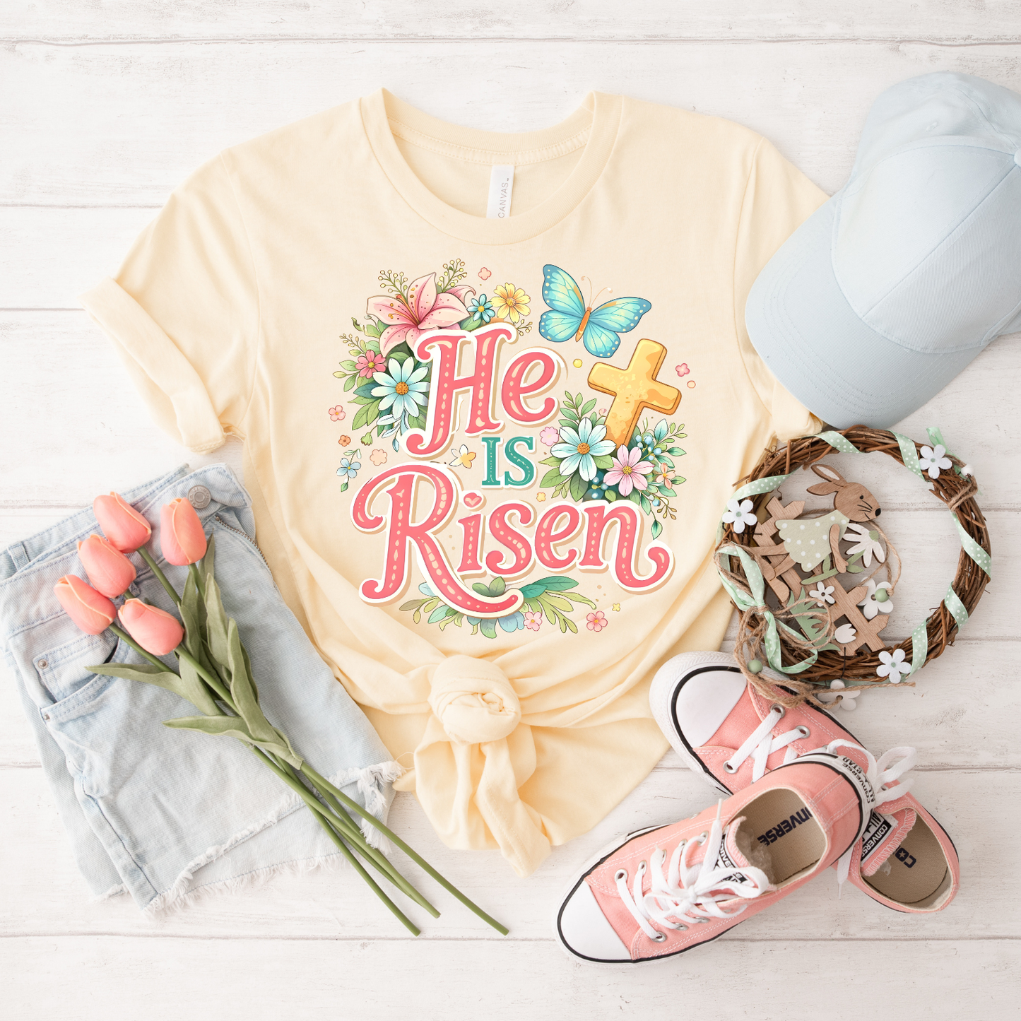He Is Risen Floral Tee — Easter Christian T-Shirt with Cross & Butterfly