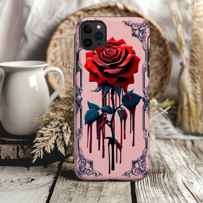 Gothic Floral Phone Case - Tough Cases with Red Rose Design, Gothic Red Rose with Dripping Blood Phone Case for iPhone, Samsung, and Google Pixel