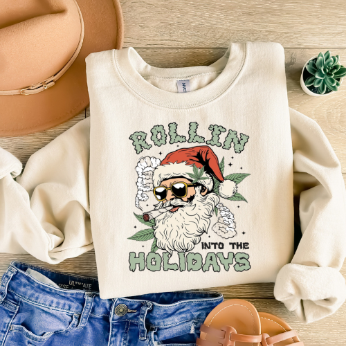 Festive Santa Sweatshirt - Rollin' into the Holidays Unisex Crewneck, Cozy Christmas Gift, Winter Hoodie, Holiday Apparel, Unique Sweatshirt