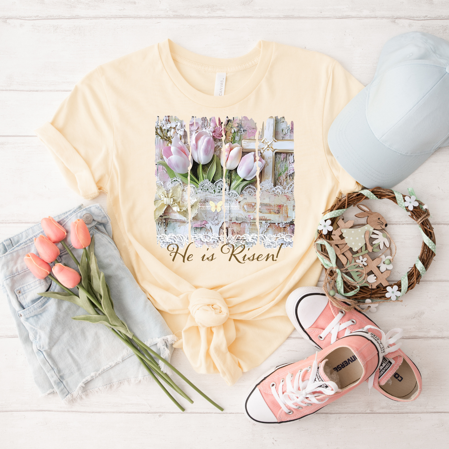 He Is Risen Tulip T‑Shirt — Easter Floral Christian Tee