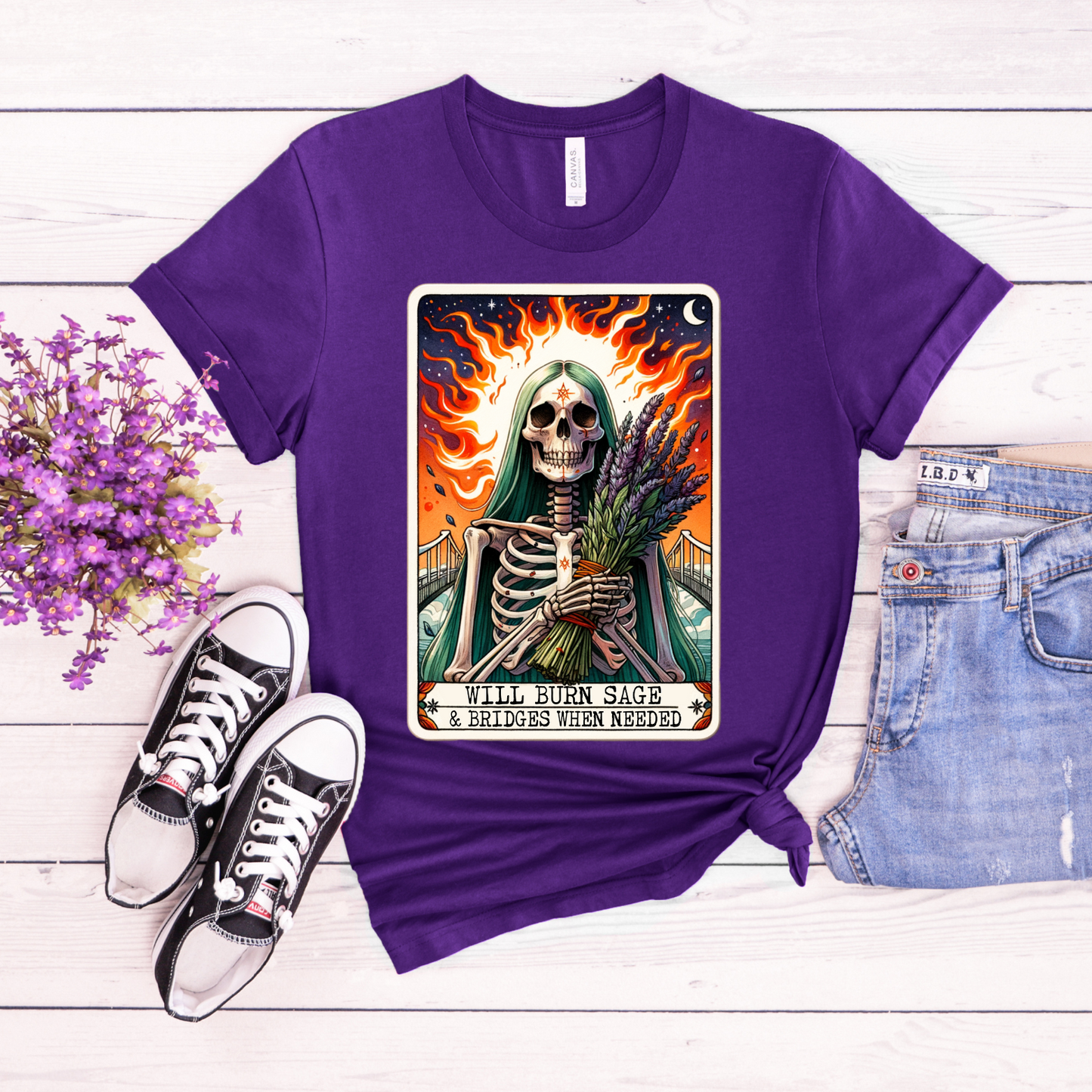 Will Burn Sage & Bridges Unisex Tee - Spooky Vibes for the Bold ,Not Enough Sage Funny Tarot Card , Sarcastic Sweary Skeleton Tarot Card, Adult Humor Witchy Gothic T-Shirt