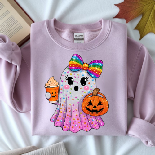 Cute Halloween Ghost Sweatshirt with Rainbow Bow — Trick-or-Treat Pumpkin & Cupcake Design