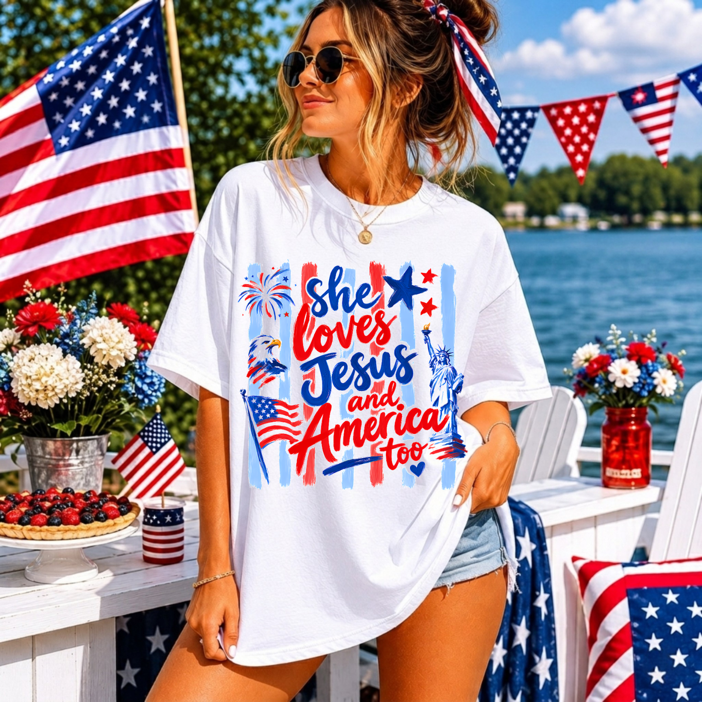 She Loves Jesus and America Tee, 4th of July Shirt for Her, American Pride shirt Women