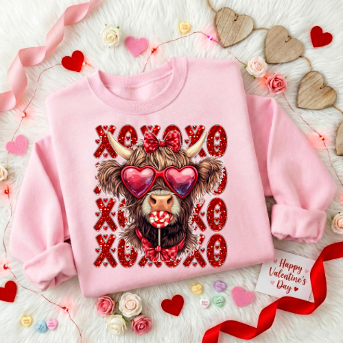 Valentine Cow Crewneck Sweatshirt — Cute Heart Sunglasses XOXO Design