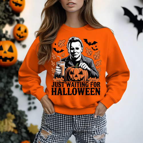 Halloween Sweatshirt, Cozy Fall Apparel, Unisex Crewneck, Just Waiting for Halloween, Perfect for Spooky Celebrations, Autumn Style