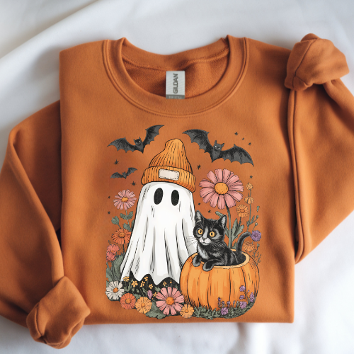 Halloween Ghost & Cat Sweatshirt, Vintage Halloween style shirt, Spooky Season shirt