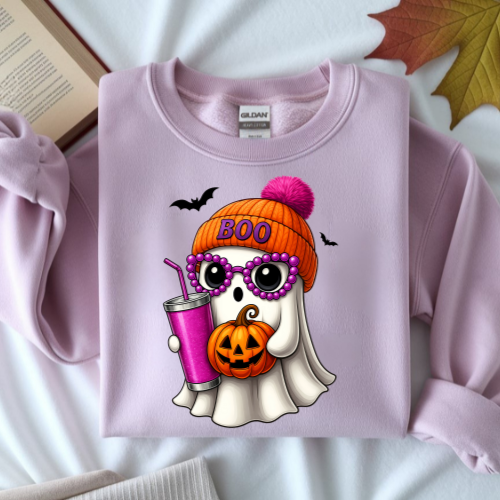 Halloween Ghost Graphic Sweatshirt – Cute 'Boo' Pumpkin & Cozy Beanie Design