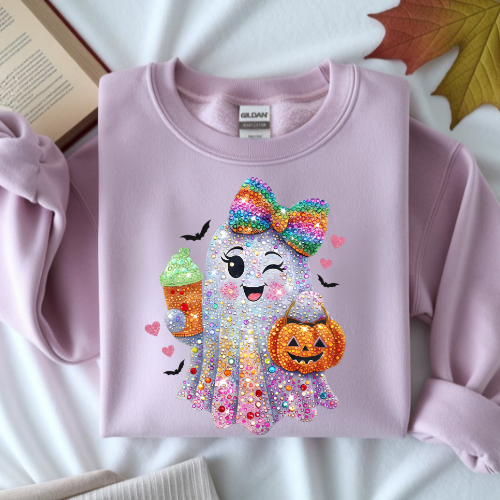Cute Rainbow Ghost Halloween Sweatshirt - Trick or Treat Pumpkin & Ice Cream Design
