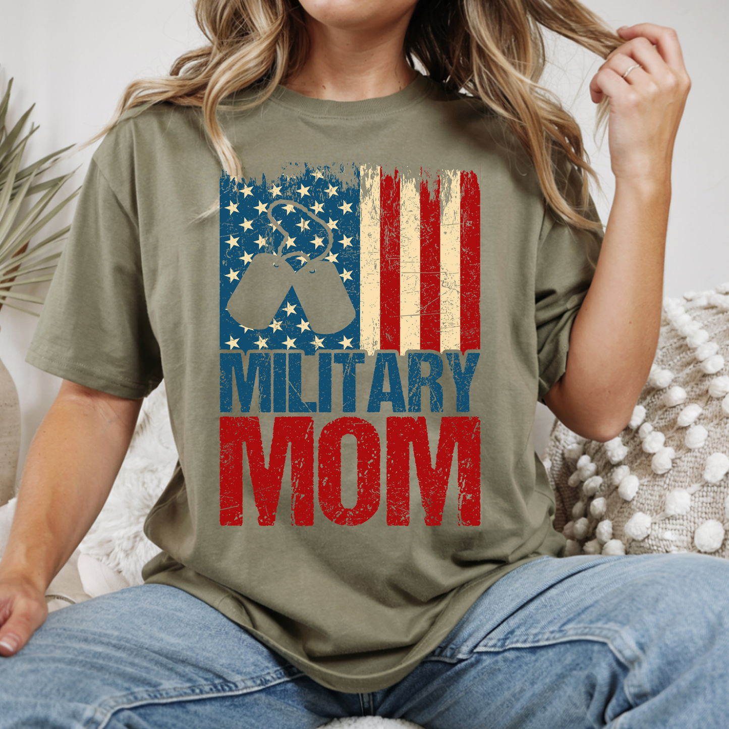 Military Mom T-Shirt — Distressed Flag with Dog Tags, Mother's Day Military Shirt,