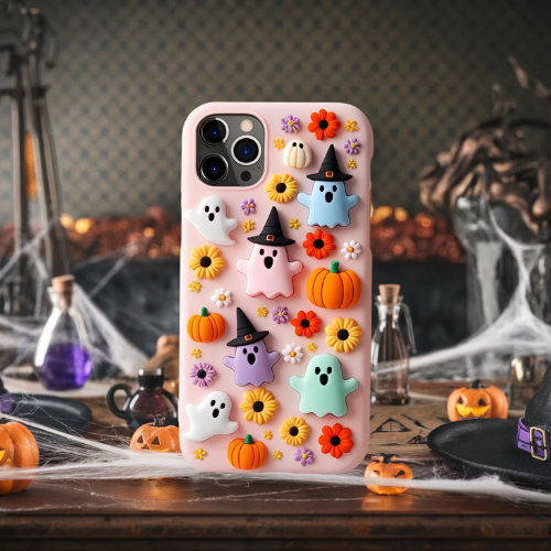 Halloween 3d look pink pastel clay ghost floral cute flower iPhone, Samsung, and Google Pixel. Halloween Doodle Phone Case