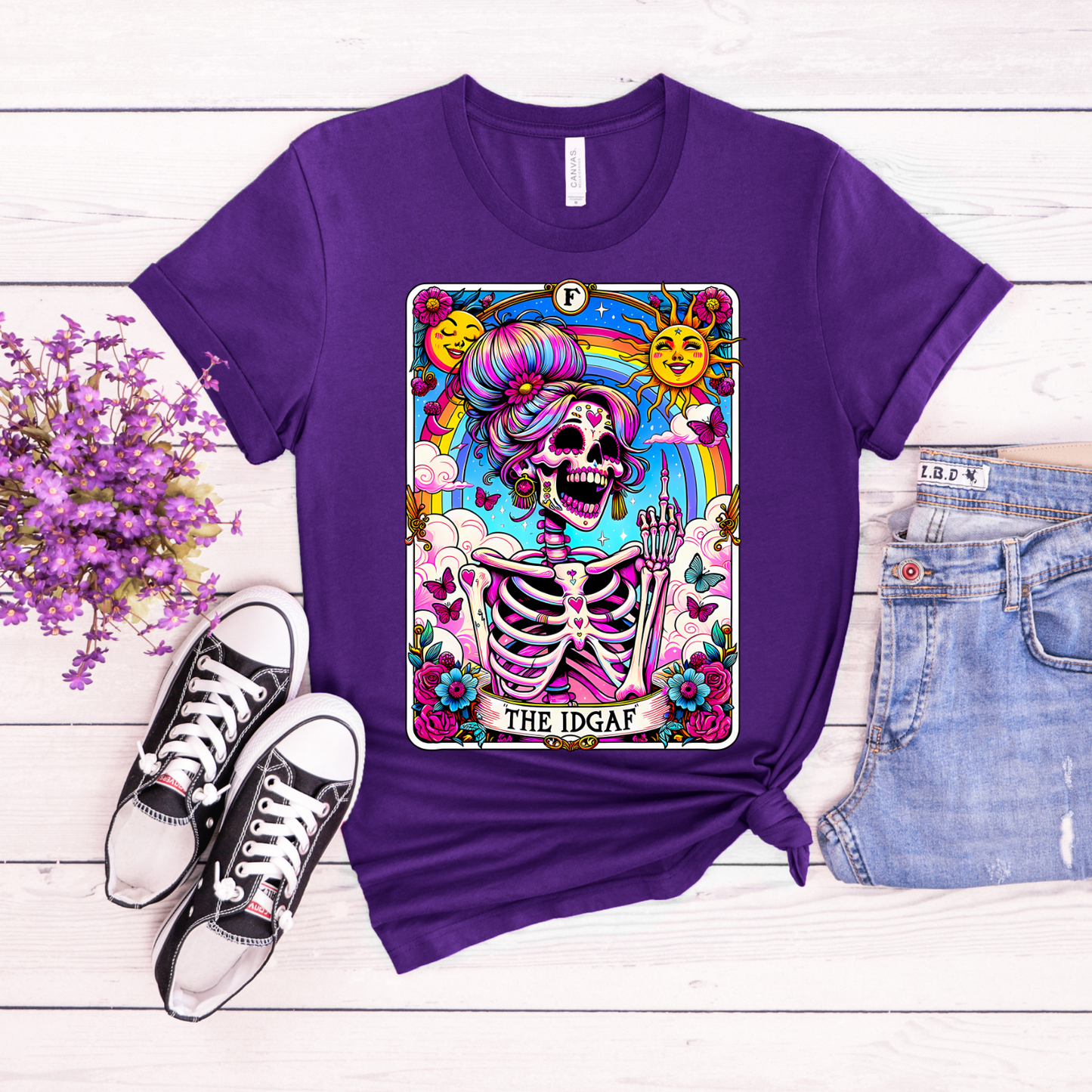 IDGAF Skeleton Art Unisex Jersey Tee - Colorful Graphic T-Shirt for Day of the Dead & Everyday Vibes, The sarcastic Sweary TShirt, Trendy Skeleton Skull Tee Shirt, Sassy Funny Witchy TIDGAF Funny Tarot Card T-Shirt, Sa-Shirt,Sarcastic Tee Shirt