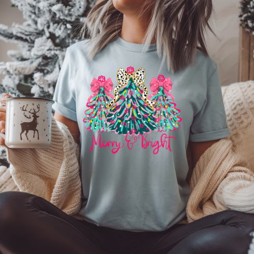 Crewneck Sweatshirt - Merry & Bright Colorful Christmas Trees Holiday Pullover