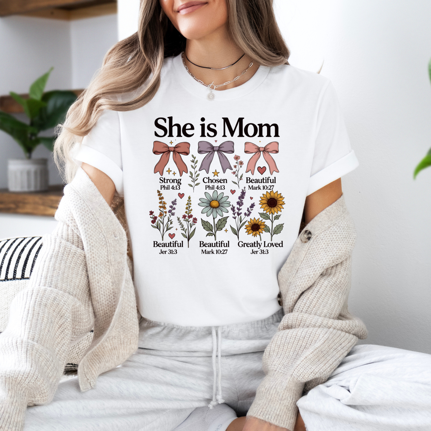 She Is Mom T-Shirt — Inspirational Christian Mom Tee (She is Mom: Strong, Chosen, Beautiful) Mother's Day Shirt