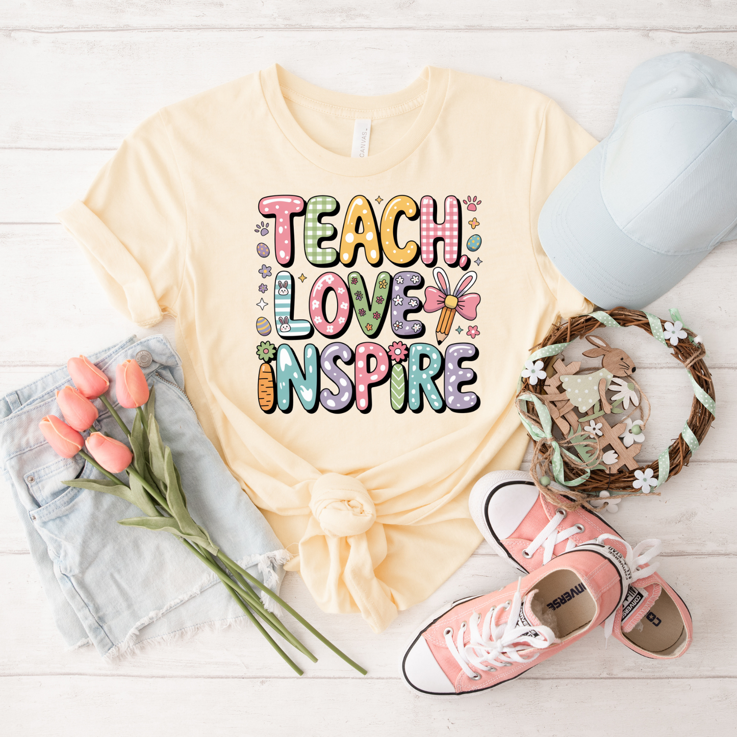 Teacher 'Teach Love Inspire' T-Shirt — Colorful Cute Teacher Appreciation Tee, Teacher Easter Shirt