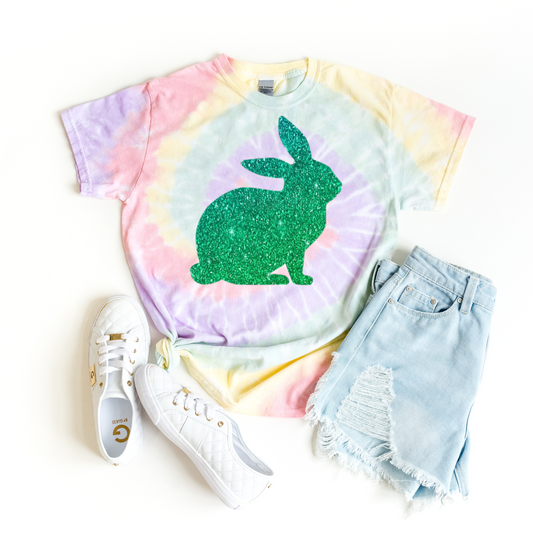 Spiral Tie-Dye Tee with Glitter Rabbit Design, Boho Style Shirt, Easter Celebration, Summer Vibes, Gift for Animal Lovers, Handmade Apparel