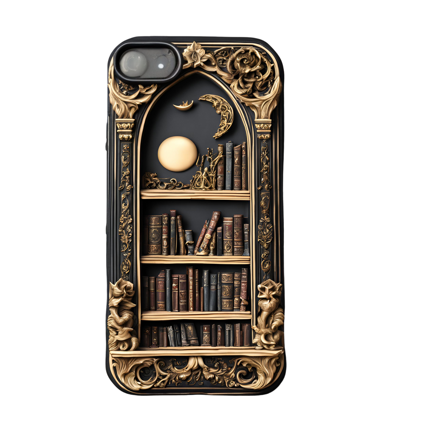 Gothic Bookshelf Phone Case, Gothic Library Crescent Moon Phone Case, Gothic Book Phone Case for Google, iPhone, and Samsung