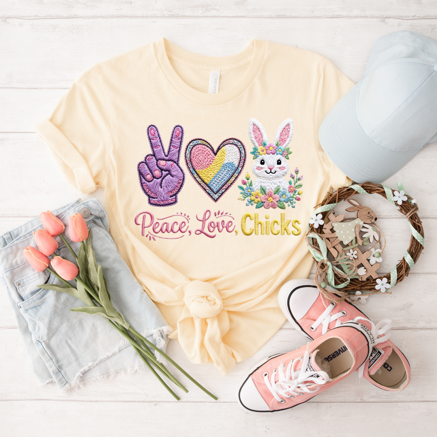 Peace, Love, Chicks Tee — Easter Bunny & Heart Graphic T-Shirt