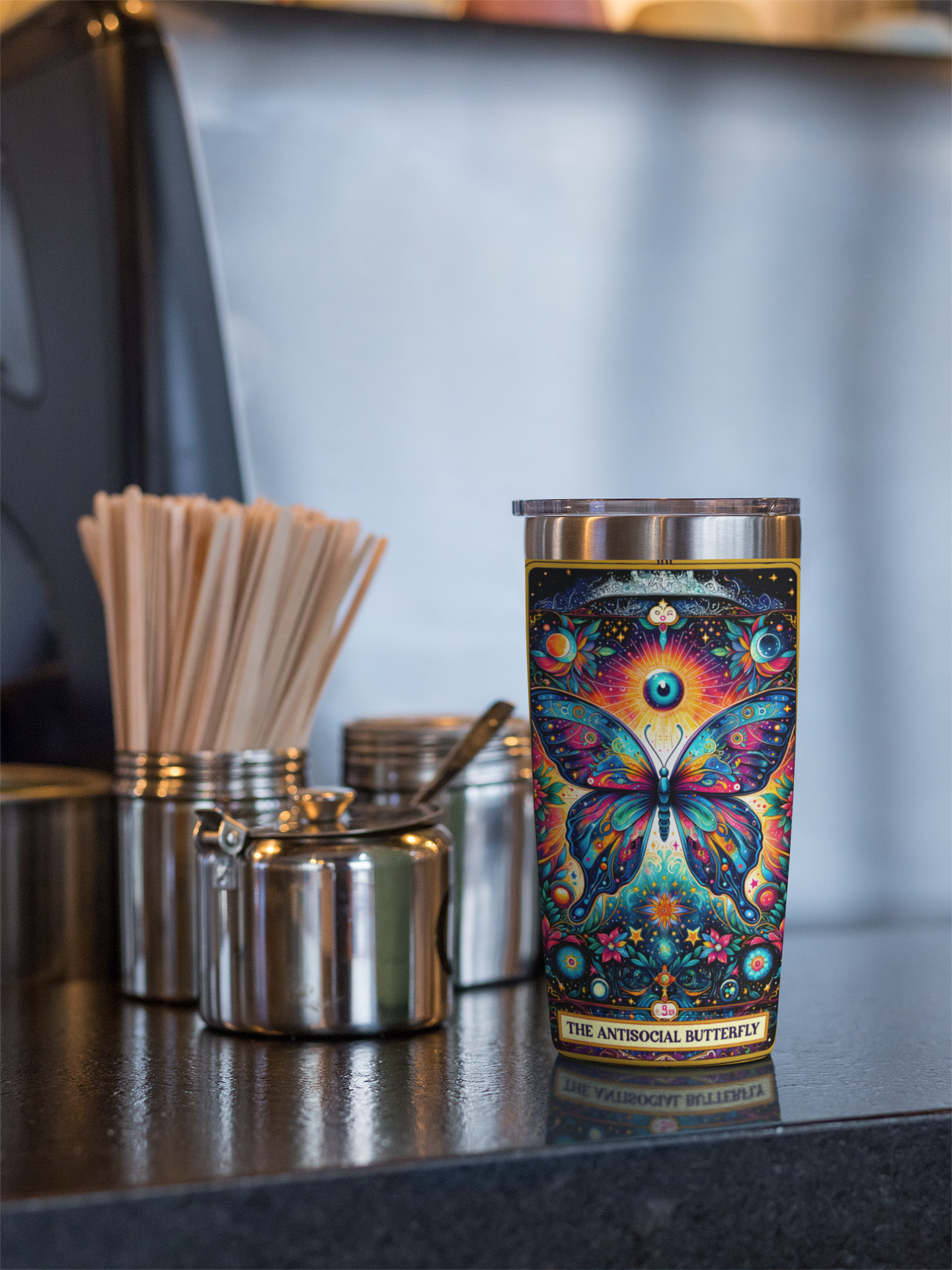 Vibrant Butterfly 20oz Tumbler - Cosmic Floral Design, Anti-Social Butterfly Tarot Card Tumbler, Butterfly Tumbler