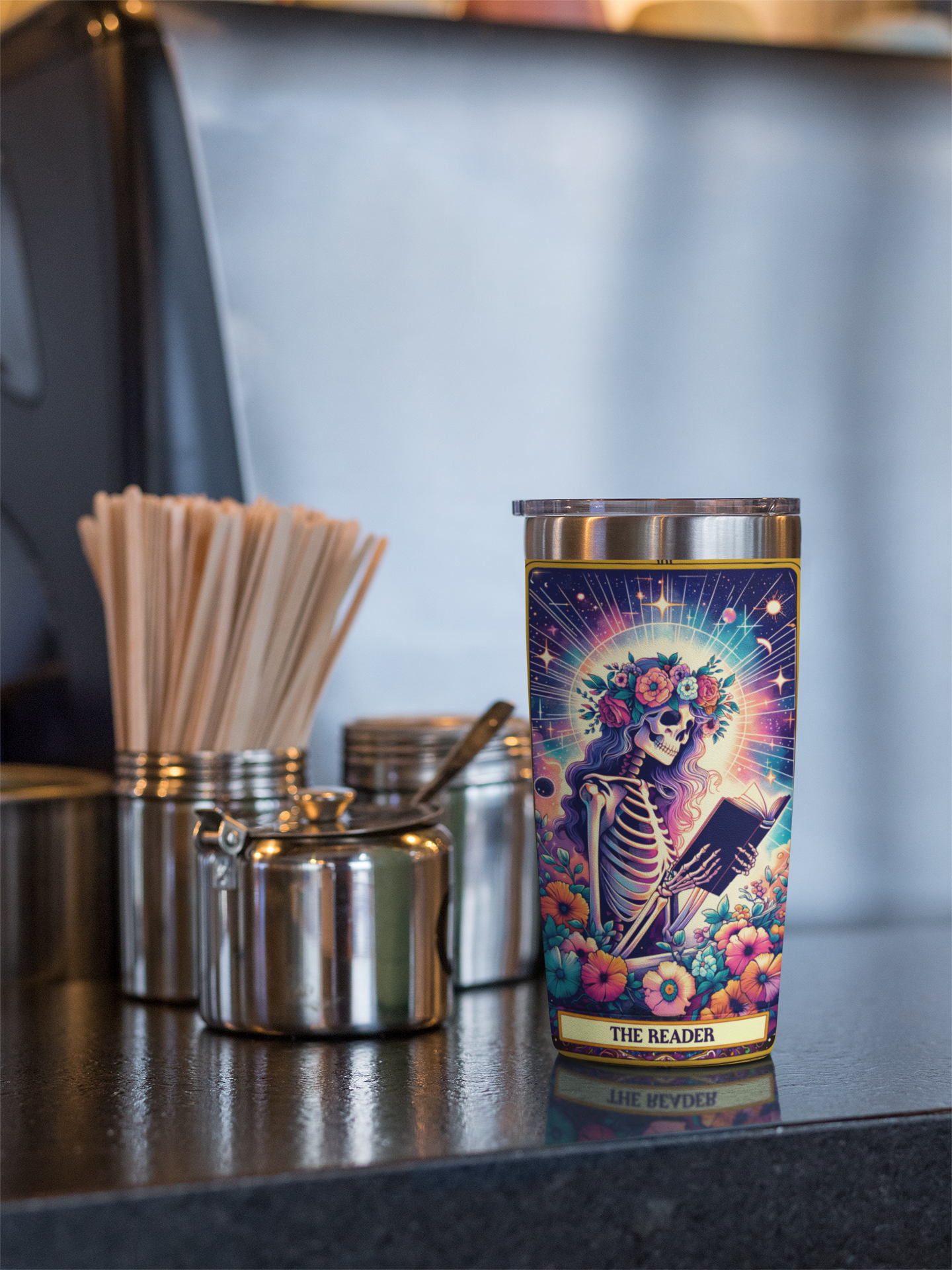 Celestial Garden 20oz Tumbler - Colorful Floral & Skeleton Design, The Reader Tarot Card Tumbler, Celestial Tumbler, Book Reader Tumbler