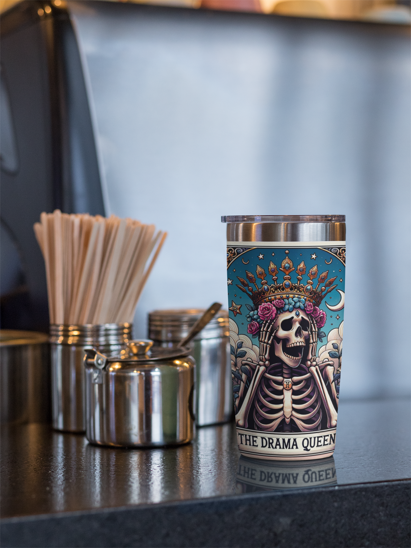 The Drama Queen Tarot Card Tumbler, Occult coffee tarot card tumbler, The Drama Queen Tarot tumbler, coffee caffeine tarot card tumbler