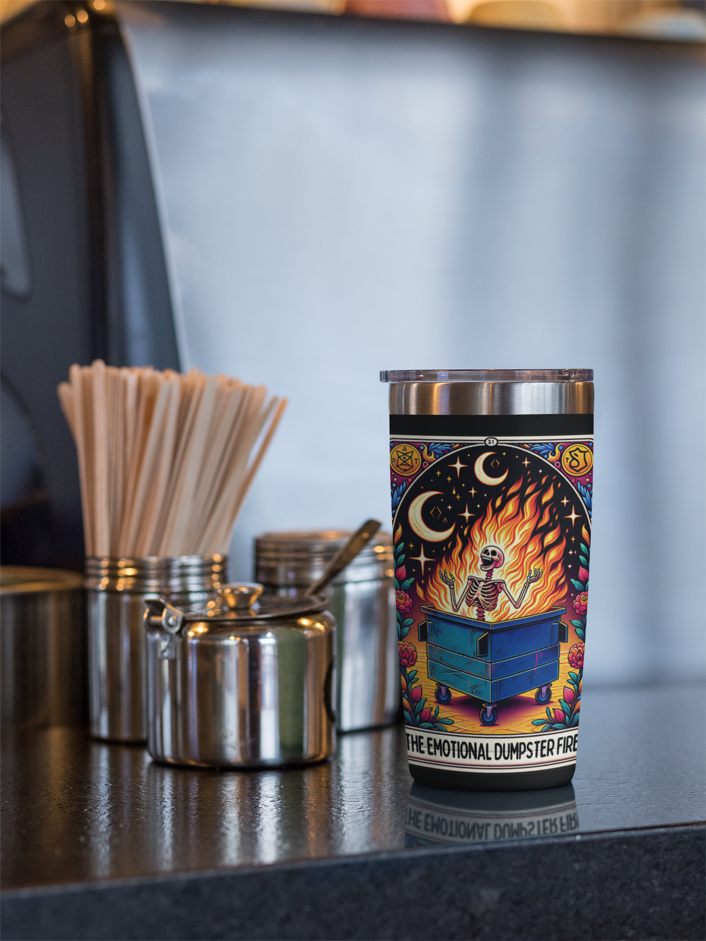 The Emotional Dumpster Fire Tarot Card Tumbler, Occult coffee tarot card tumbler, The Emotional Dumpster Fire Tarot tumbler