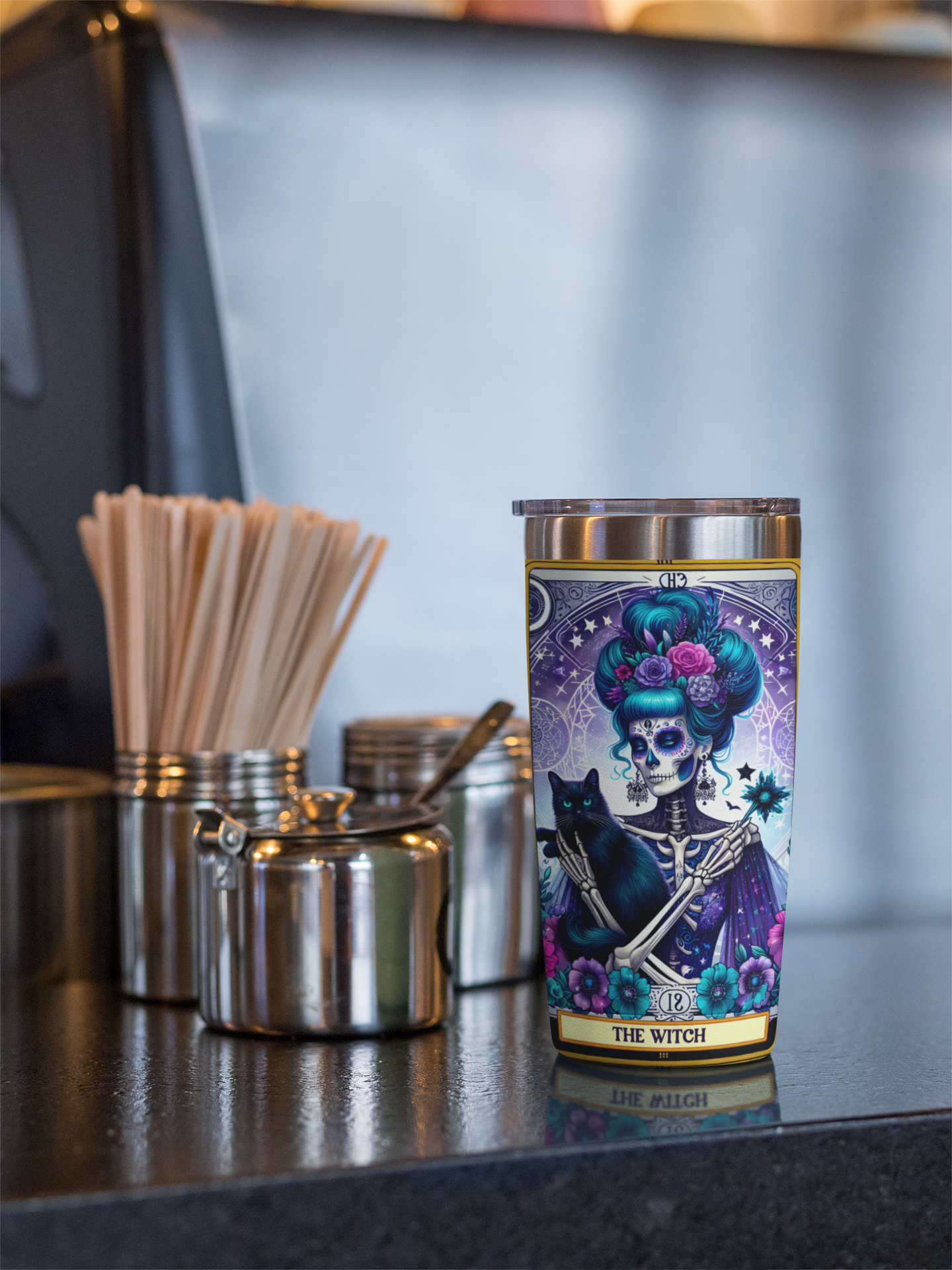 The Witch Tarot Card Tumbler, Cosmic Day of the Dead Style Tumbler, Witch Tumbler for Halloween, Celestial Tumbler