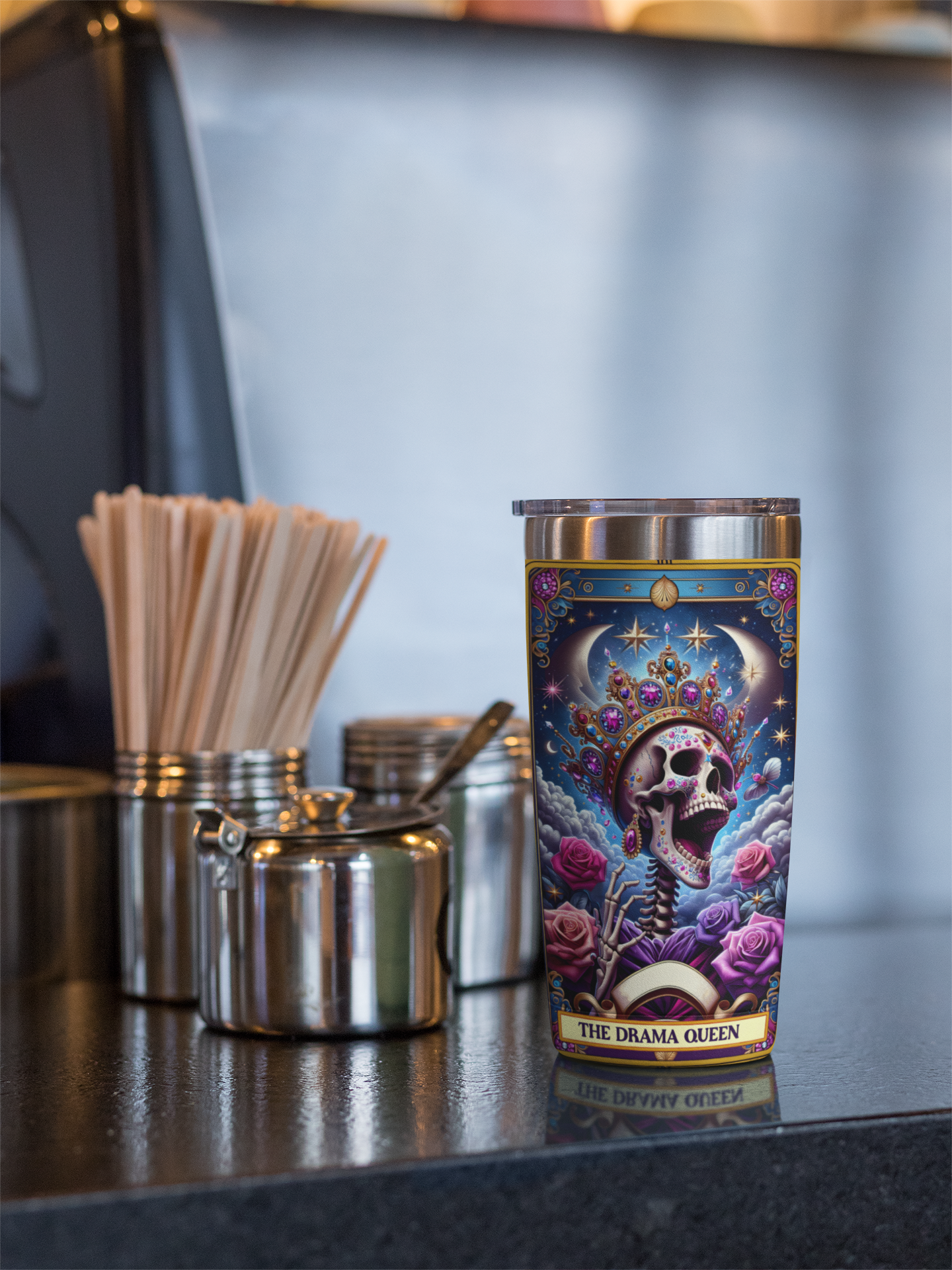 Colorful Day of the Dead Tumbler - 20oz Travel Mug with Rose and Skull Design, The Drama Queen Tarot Card Tumbler, Drama Queen Tumbler