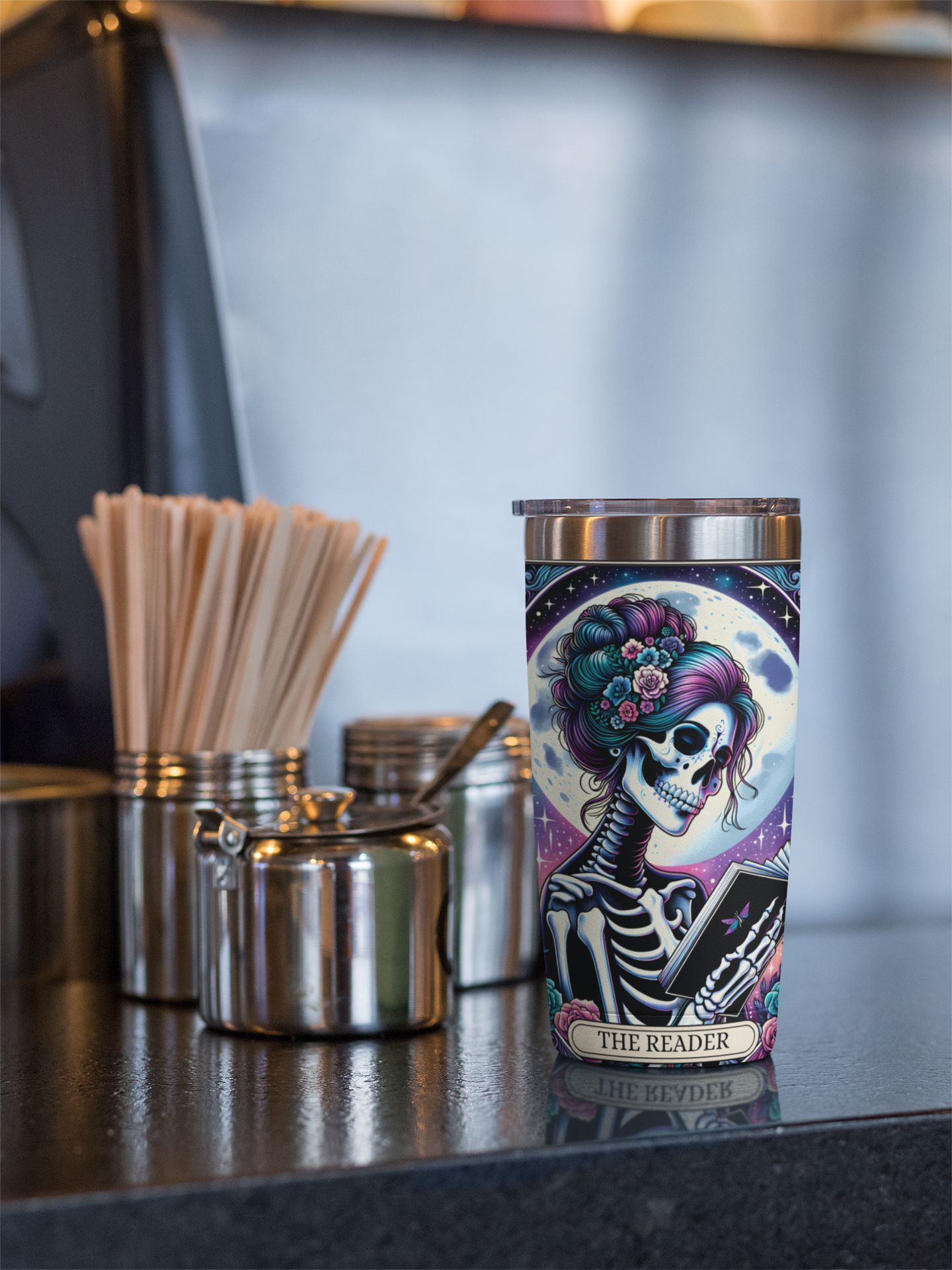 Cosmic Skeleton 20oz Tumbler - The Reader Tarot Card Tumbler, Celestial Book Reader Tumbler, Cosmic Book Reader Tumbler