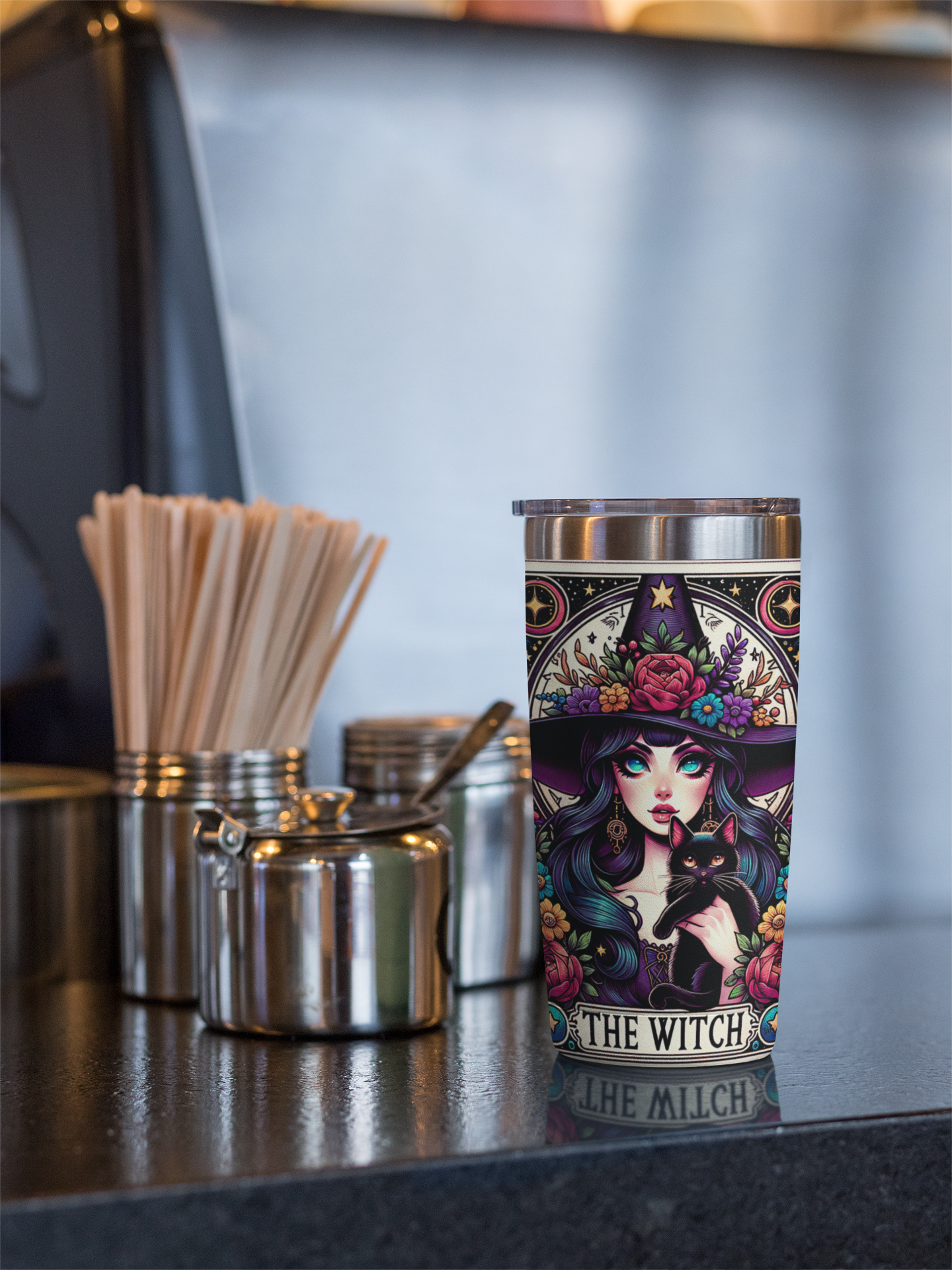 The Witch Tarot Card Tumbler, Occult tarot card tumbler, The Witchy Tarot tumbler, coffee caffeine tarot card tumbler