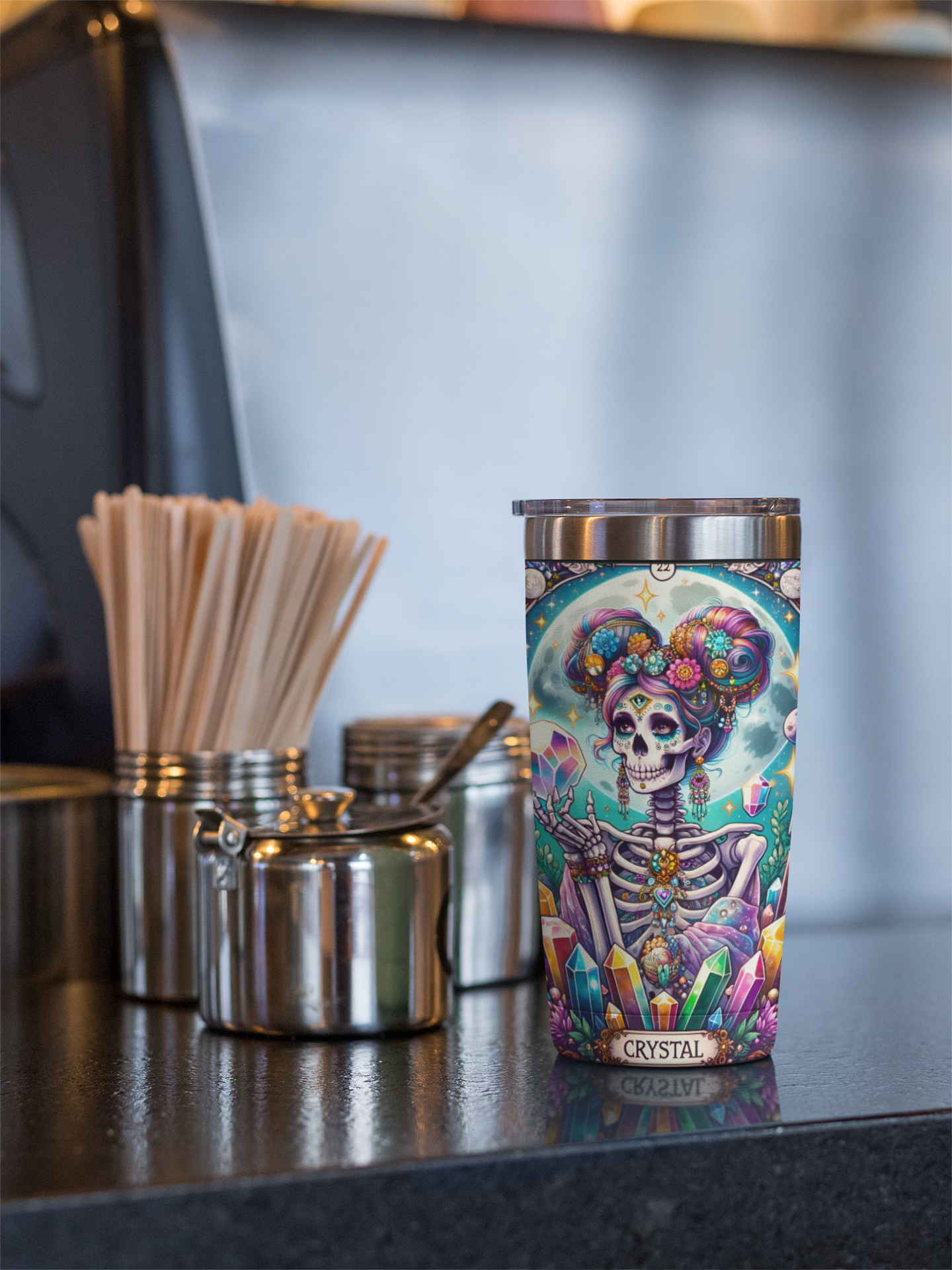 Vibrant Crystal Skeleton 20oz Tumbler - Colorful Travel Mug for Gift Giving & Everyday Use, Crystal Tarot Card Tumbler, Tumbler for Crystal Lover, The Crystal Collector Tumbler