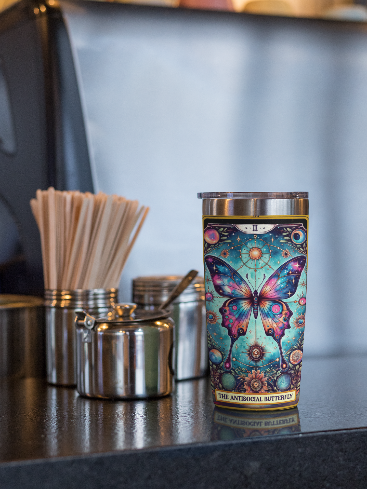 Cosmic Butterfly Tumbler 20oz - Artistic Travel Mug for Nature Lovers, Anti-Social Butterfly Tarot Card Tumbler, Butterfly Tumbler,