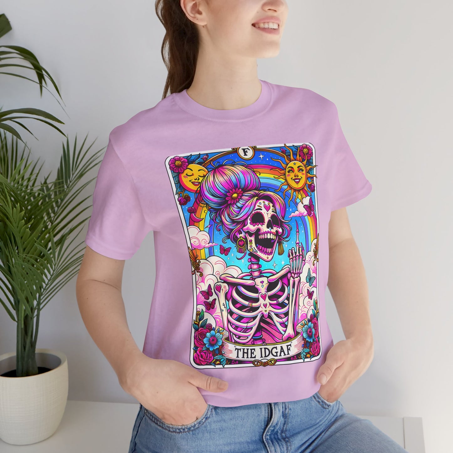 IDGAF Skeleton Art Unisex Jersey Tee - Colorful Graphic T-Shirt for Day of the Dead & Everyday Vibes, The sarcastic Sweary TShirt, Trendy Skeleton Skull Tee Shirt, Sassy Funny Witchy TIDGAF Funny Tarot Card T-Shirt, Sa-Shirt,Sarcastic Tee Shirt