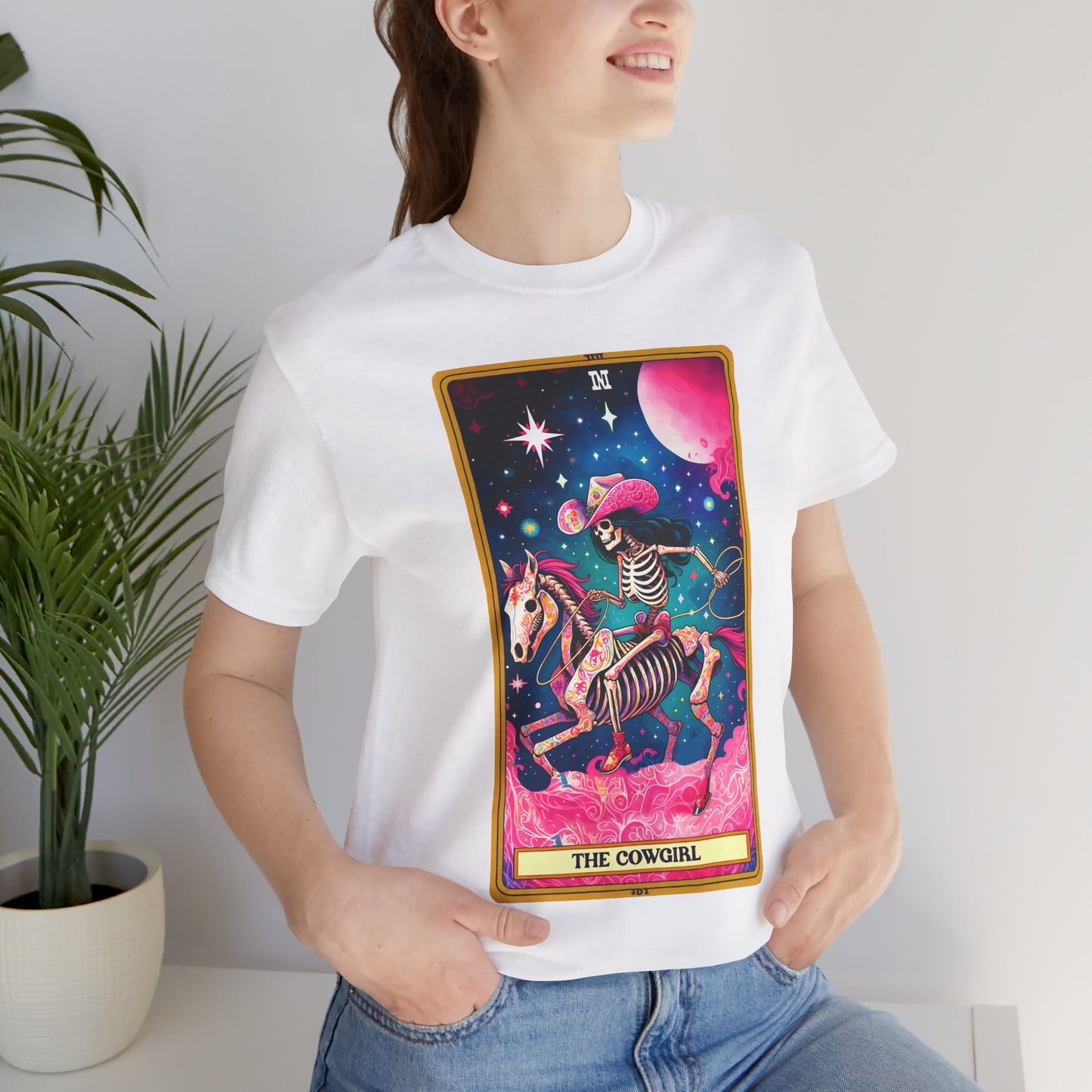 Cosmic Cowgirl Short Sleeve Tee - Retro Skeleton Design, The Cowgirl Tarot Shirt Tarot Lover Tee Western Shirt Cowgirl Tee Friend Gift Western Skeleton Tee Unisex Family Birthday Gift For Her