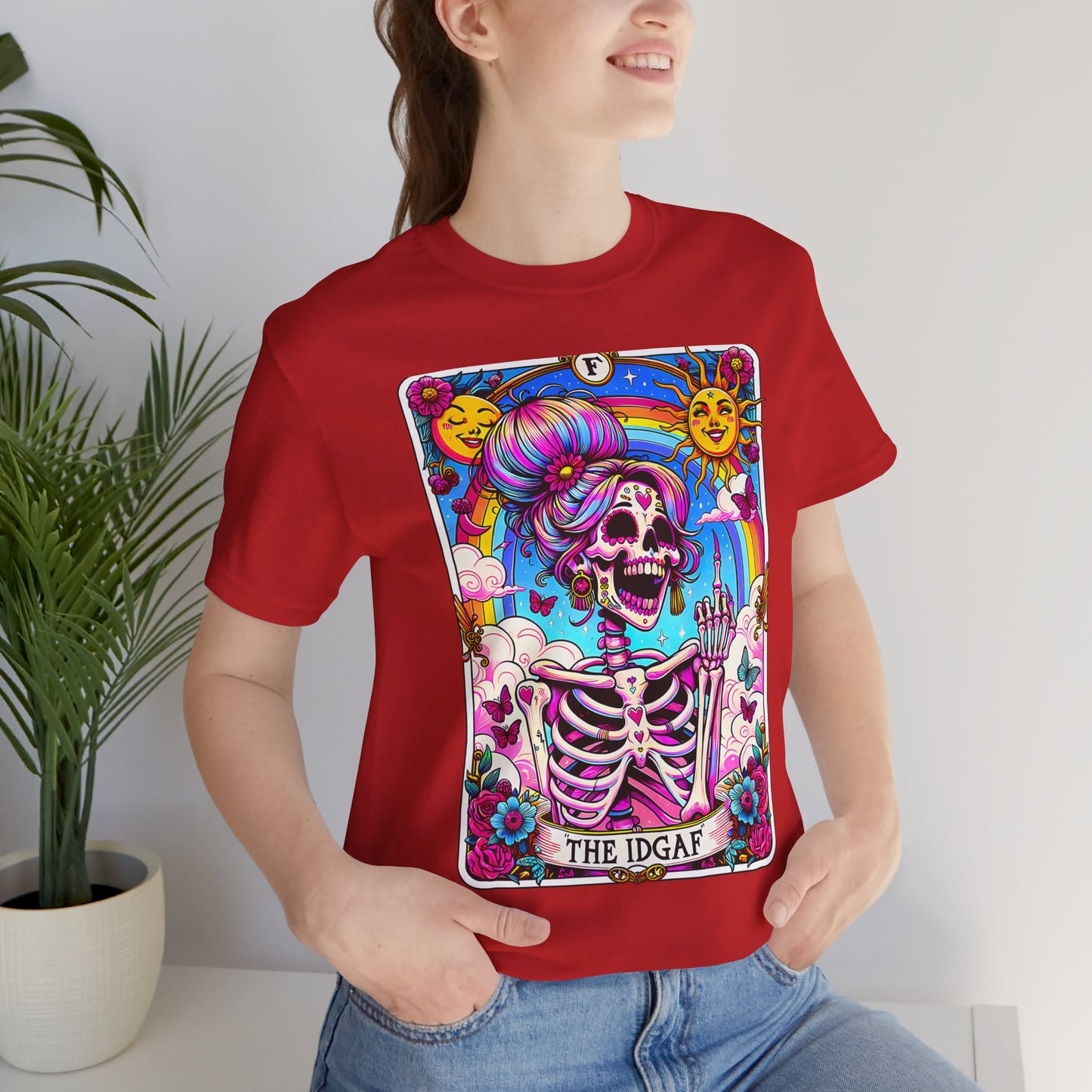 IDGAF Skeleton Art Unisex Jersey Tee - Colorful Graphic T-Shirt for Day of the Dead & Everyday Vibes, The sarcastic Sweary TShirt, Trendy Skeleton Skull Tee Shirt, Sassy Funny Witchy TIDGAF Funny Tarot Card T-Shirt, Sa-Shirt,Sarcastic Tee Shirt