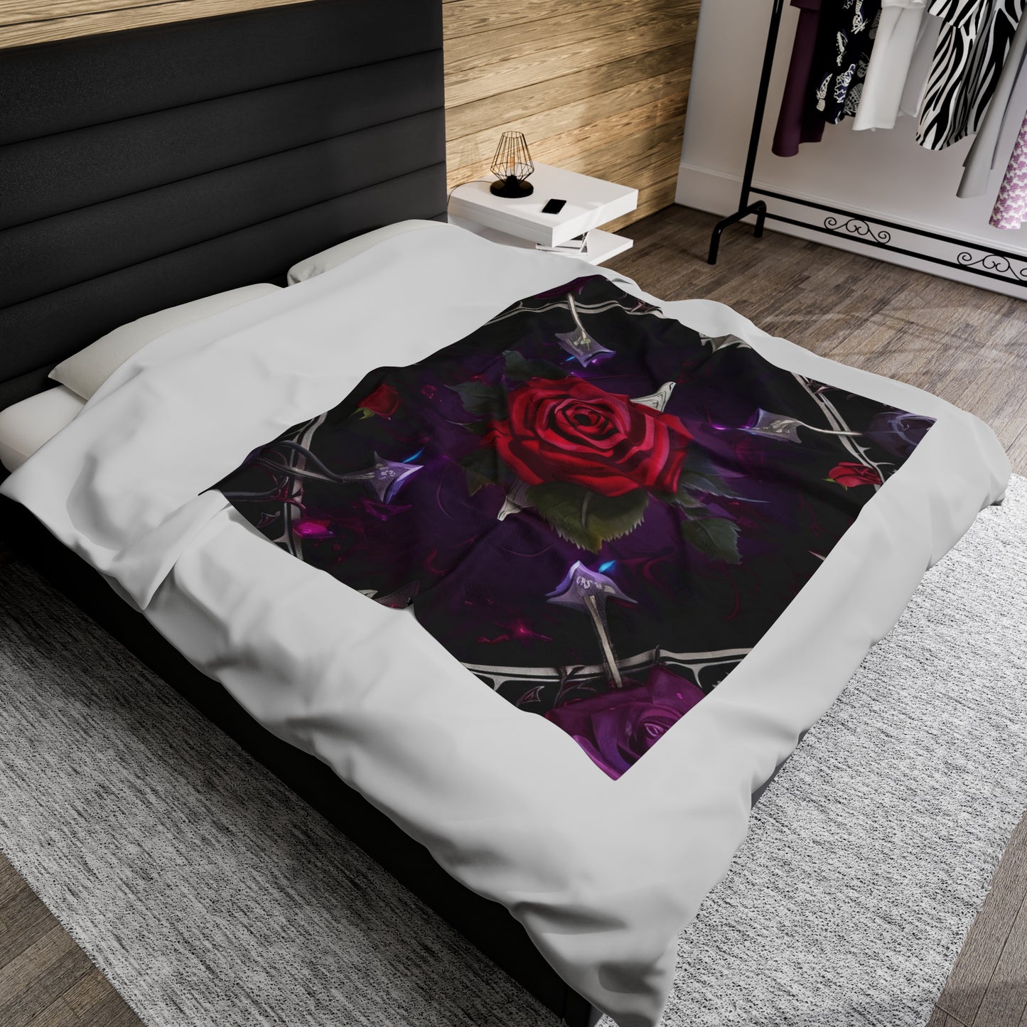 Gothic Red Rose Velveteen Plush Blanket, Gothic Rose Blanket, Gothic Rose Gift, Halloween Blanket, Red Rose Blanket, Red Rose Gift