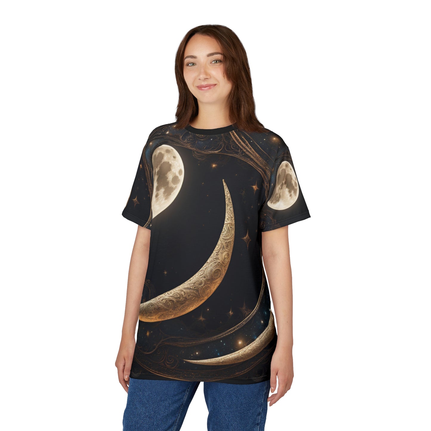 Celestial Moon Unisex Tee - Starry Night Graphic Shirt, Celestial Crescent Moon Shirt, Celestial AOP Shirt