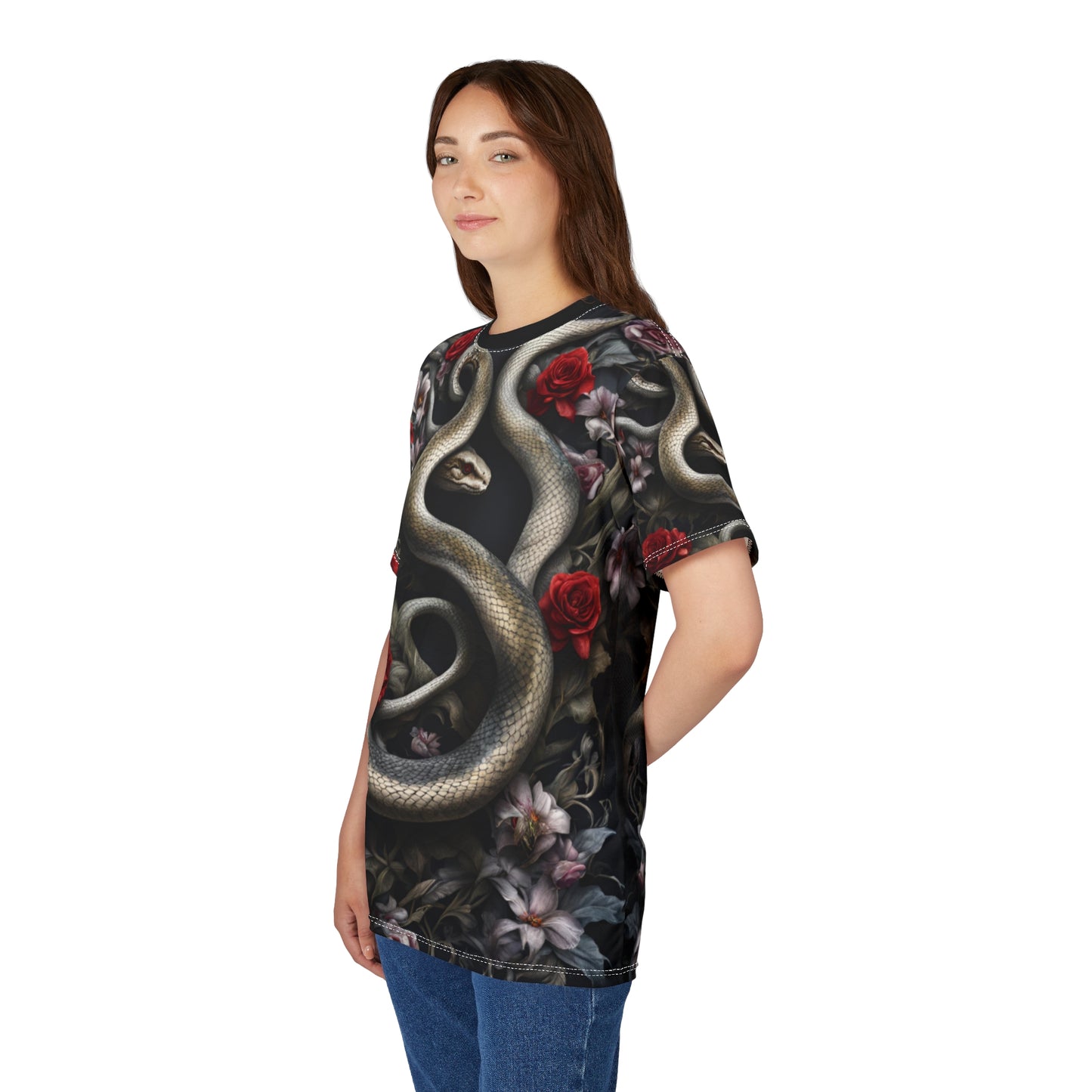 Serpent and Roses Unisex Tee - Edgy Floral Graphic Shirt