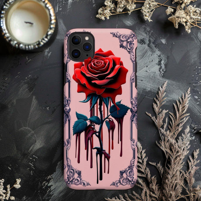 Gothic Floral Phone Case - Tough Cases with Red Rose Design, Gothic Red Rose with Dripping Blood Phone Case for iPhone, Samsung, and Google Pixel