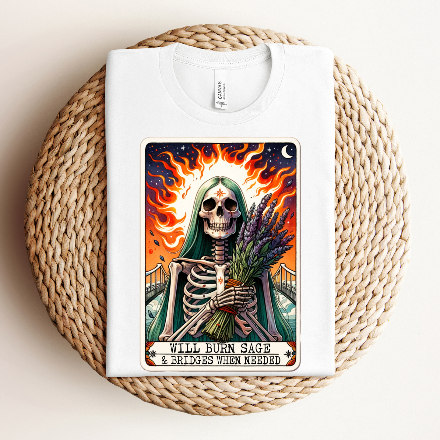 Will Burn Sage & Bridges Unisex Tee - Spooky Vibes for the Bold ,Not Enough Sage Funny Tarot Card , Sarcastic Sweary Skeleton Tarot Card, Adult Humor Witchy Gothic T-Shirt