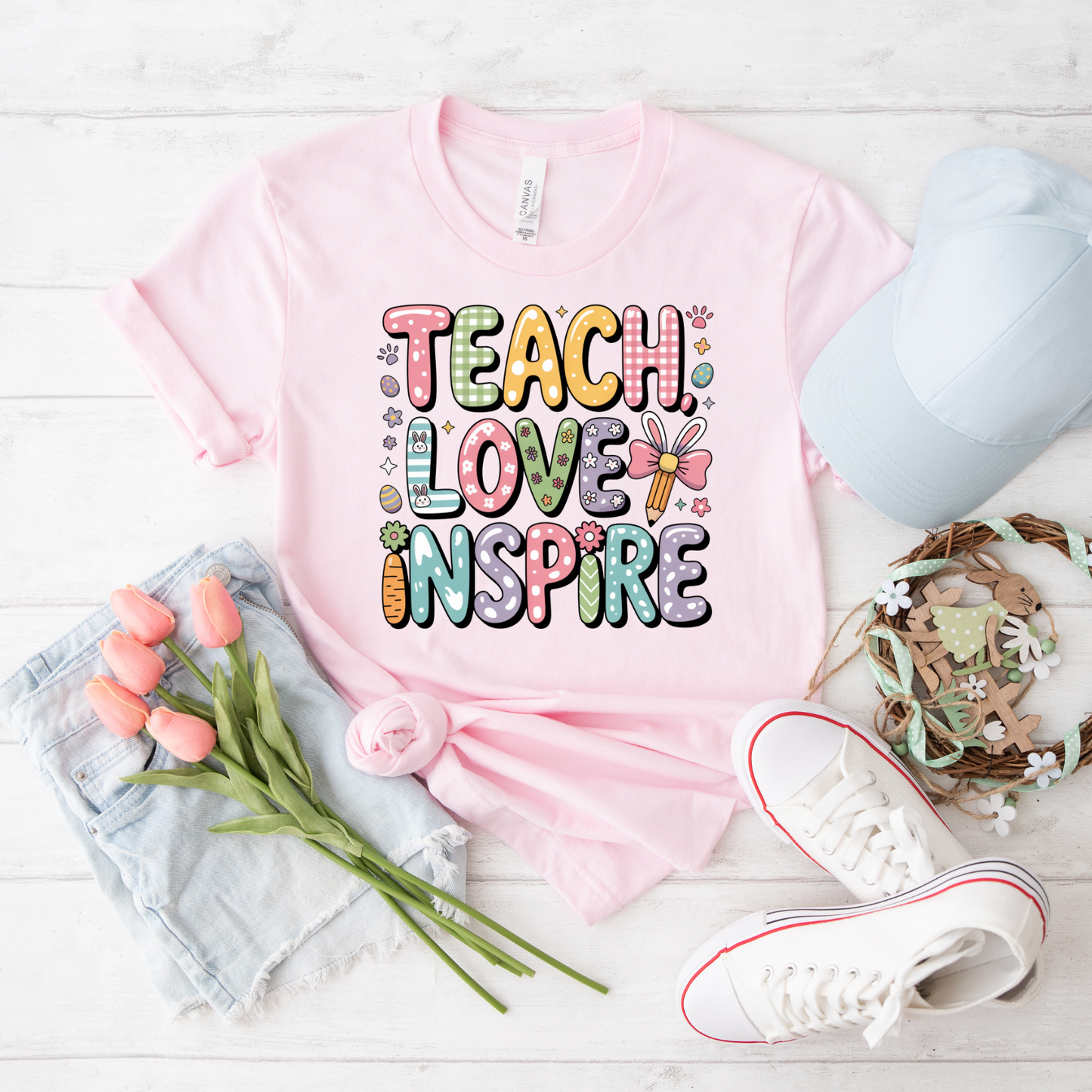 Teacher 'Teach Love Inspire' T-Shirt — Colorful Cute Teacher Appreciation Tee, Teacher Easter Shirt