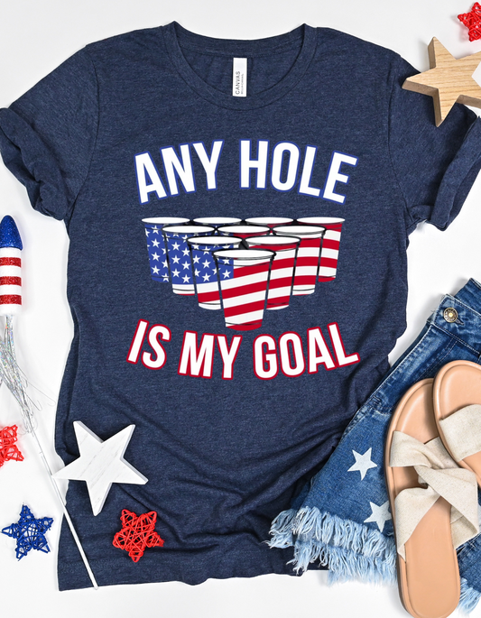 Patriotic Comedy T-Shirt - Any Hole is My Goal, Funny Tee, Independence Day Shirt, Gift for Pool Party, Casual Wear