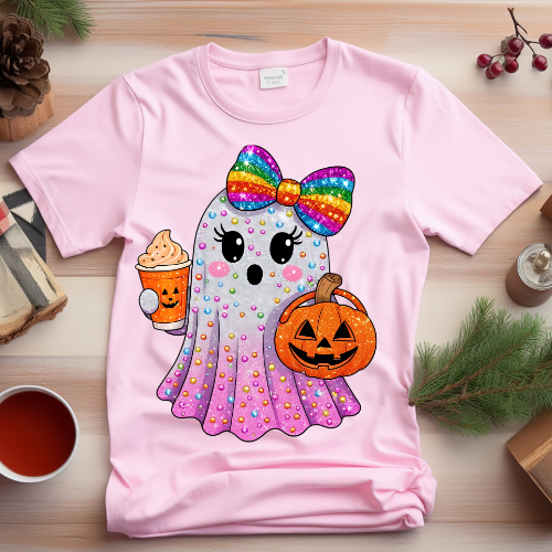 Cute Halloween Ghost Sweatshirt with Rainbow Bow — Trick-or-Treat Pumpkin & Cupcake Design