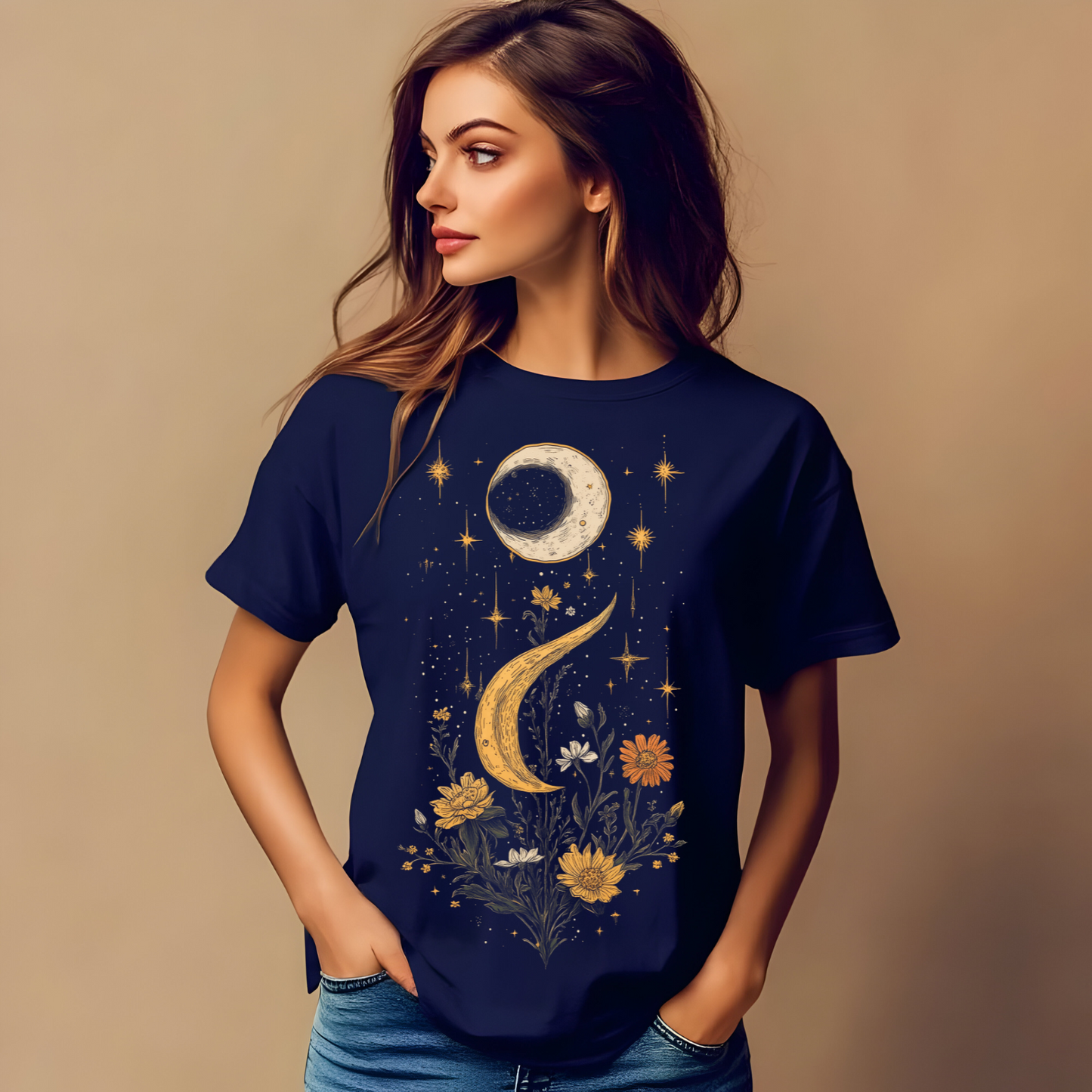Mystical Moon & Floral Unisex T-Shirt - Garment-Dyed Boho Tee for Nature Lovers, Celestial Cottage Core Shirt