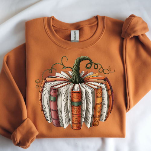 Pumpkin Books Crewneck Sweatshirt - Cozy Fall Apparel, Fall Book Reader Shirt
