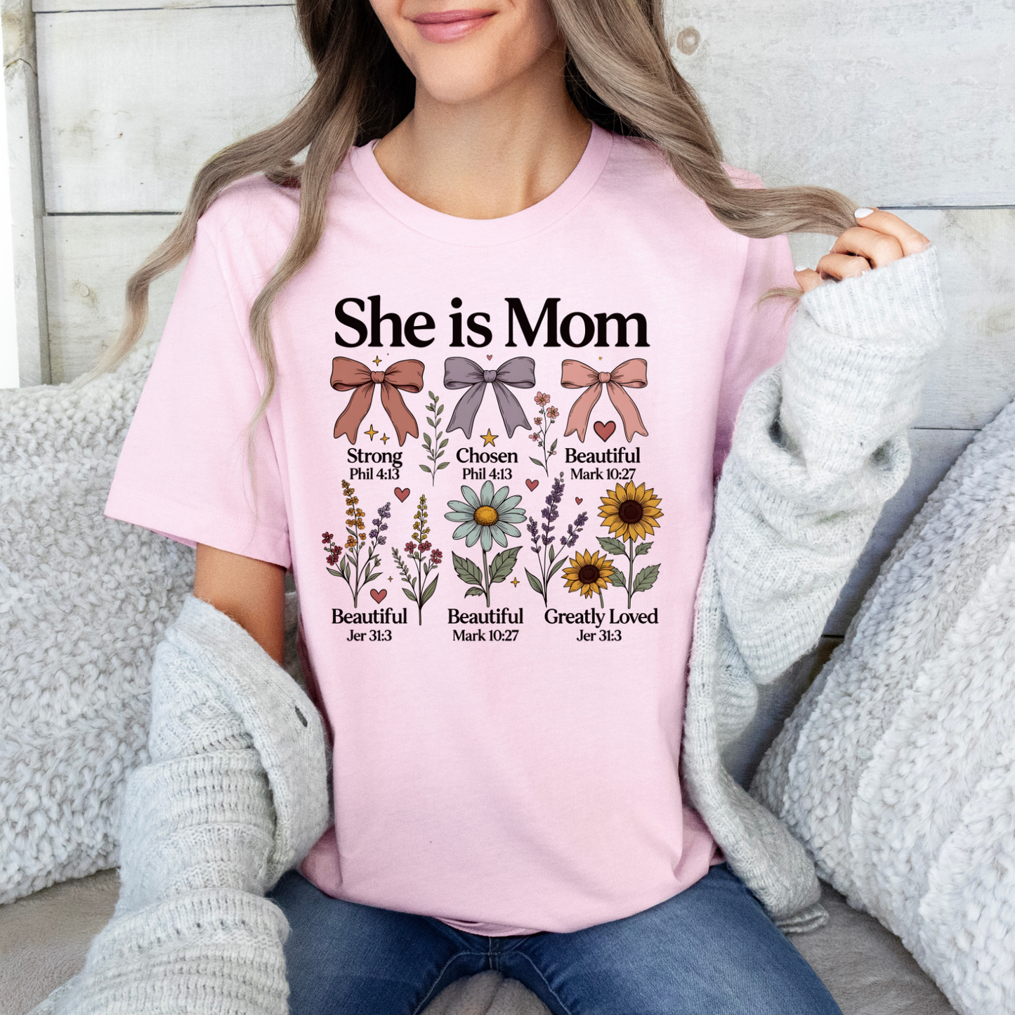 She Is Mom T-Shirt — Inspirational Christian Mom Tee (She is Mom: Strong, Chosen, Beautiful) Mother's Day Shirt