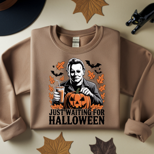 Halloween Sweatshirt, Cozy Fall Apparel, Unisex Crewneck, Just Waiting for Halloween, Perfect for Spooky Celebrations, Autumn Style