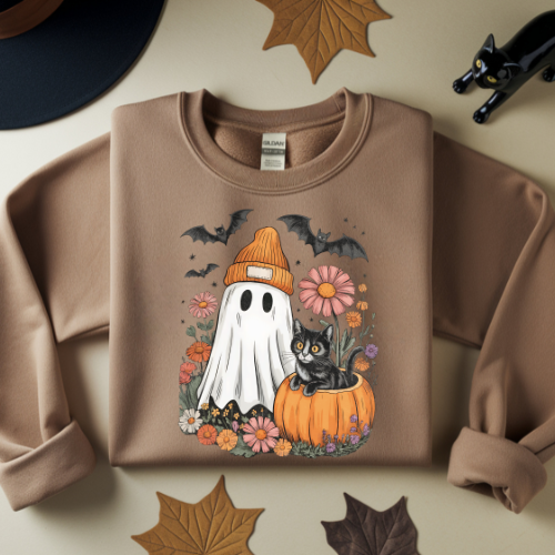 Halloween Ghost & Cat Sweatshirt, Vintage Halloween style shirt, Spooky Season shirt
