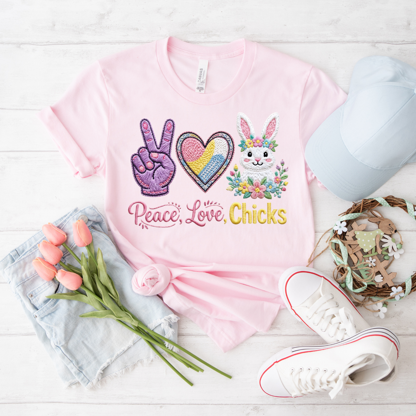 Peace, Love, Chicks Tee — Easter Bunny & Heart Graphic T-Shirt