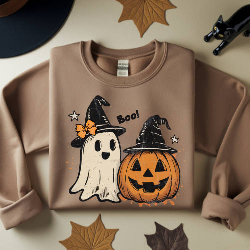 Halloween Crewneck Sweatshirt, Cozy Fall Apparel, Unisex Halloween Sweatshirt, Ghost and Pumpkin Design, Perfect for Fall Celebrations